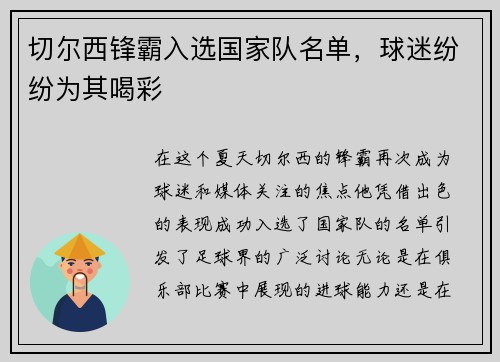 切尔西锋霸入选国家队名单，球迷纷纷为其喝彩